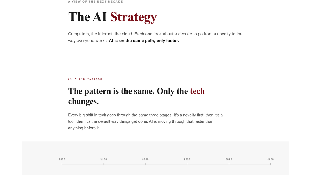 The AI Strategy — a view of the next decade. Editorial site arguing AI is moving through novelty → tool → default in 8 years, with a three-layer model of what a business should own.